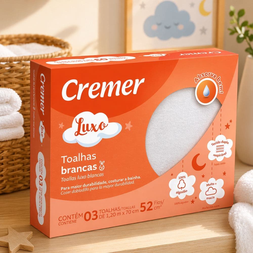Toalha Fralda Branca 70x120cm Kit 3 Unidades Algodão Bebê Macia Infantil Cremer