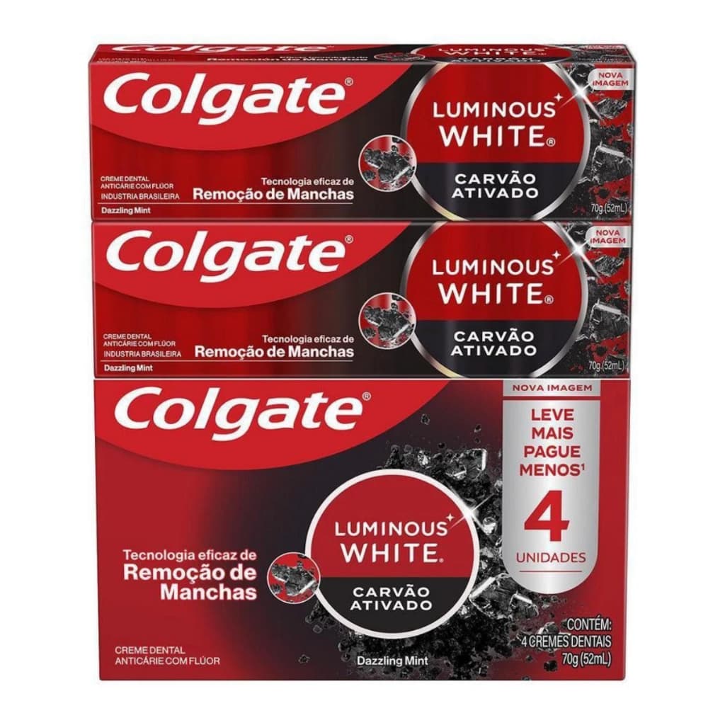 Kit 4 Creme Dental Colgate Luminous White Clareador Carvão Ativado Removedor de Manchas 70g cada