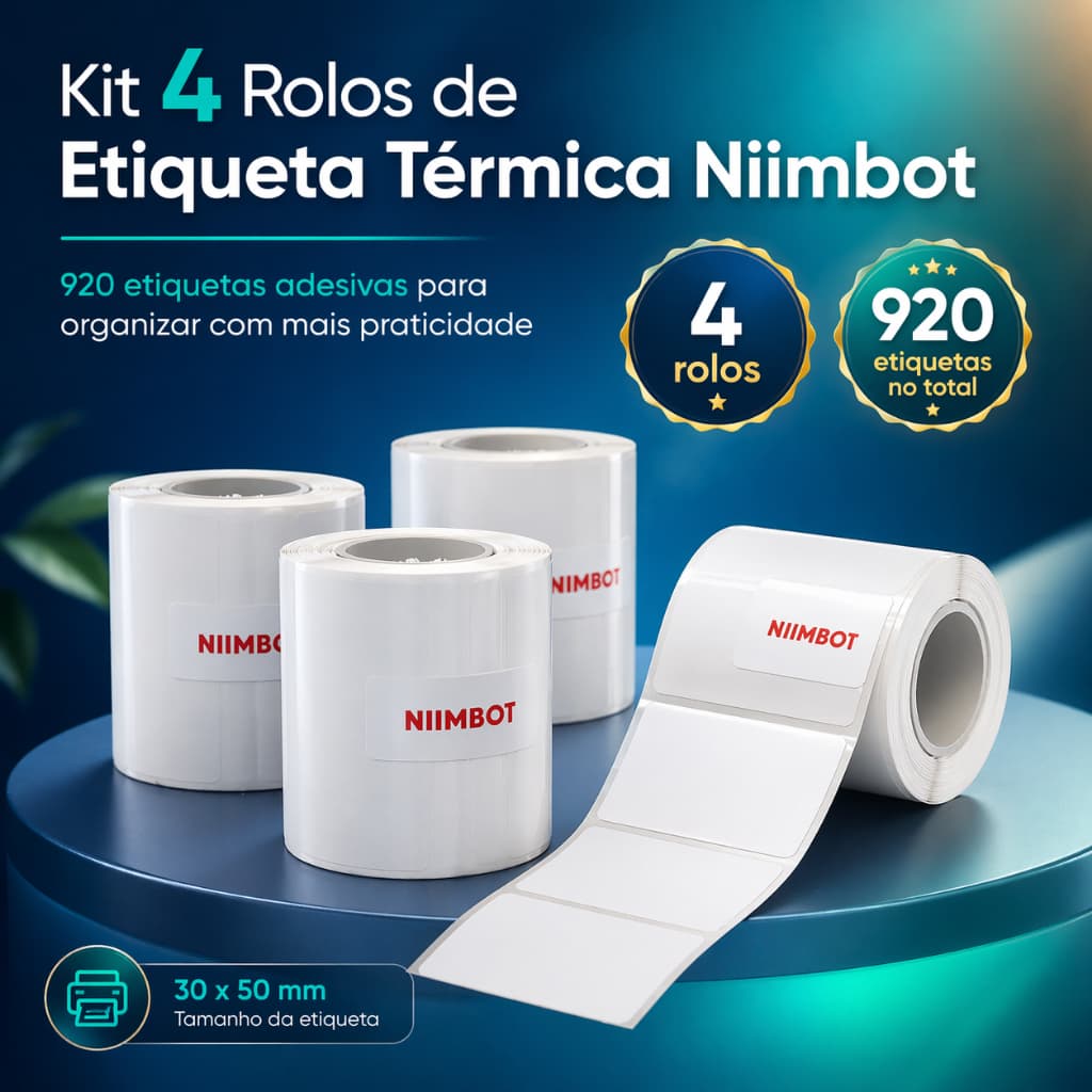 Kit 4 Rolos Etiquetas Térmicas Adesivas Niimbot Papel Branco 30x50 compatível B21 B3S B1 Envio Sku