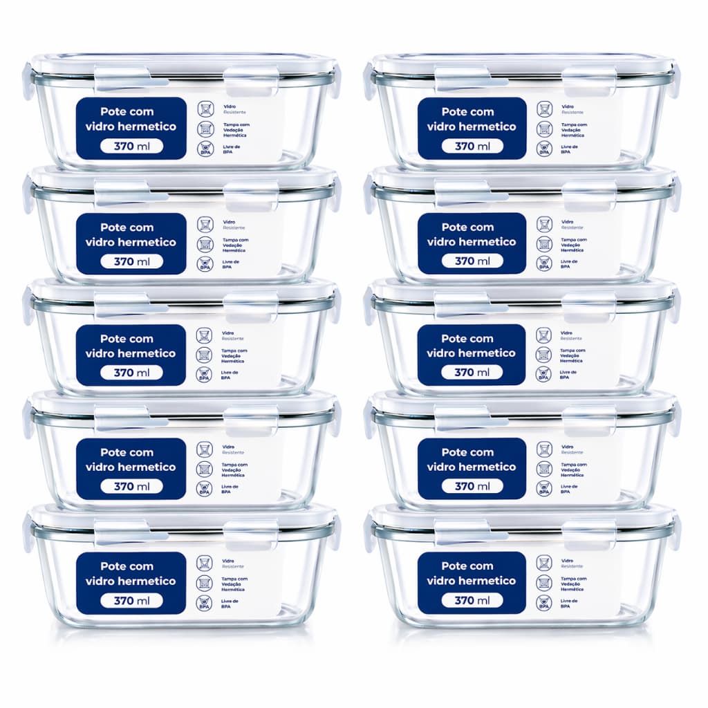 Kit de 6 até 12 Potes de Vidro 640ml - 370 ml Hermético Marmita Fit com Tampa 4 Travas Premium