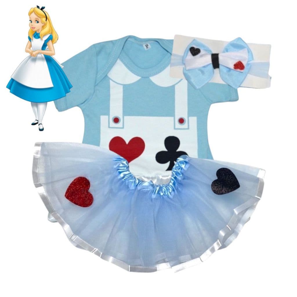 Kit Body Bebê + Laço e Saia Tule Alice no País das Maravilhas Menina Mesversário