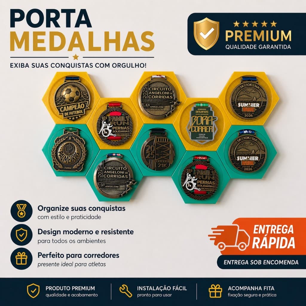 KIT com 3  Porta Medalhas - Decorativo Para Parede Organizador de Medalhas Corrida Futebol Alta Qualidade.