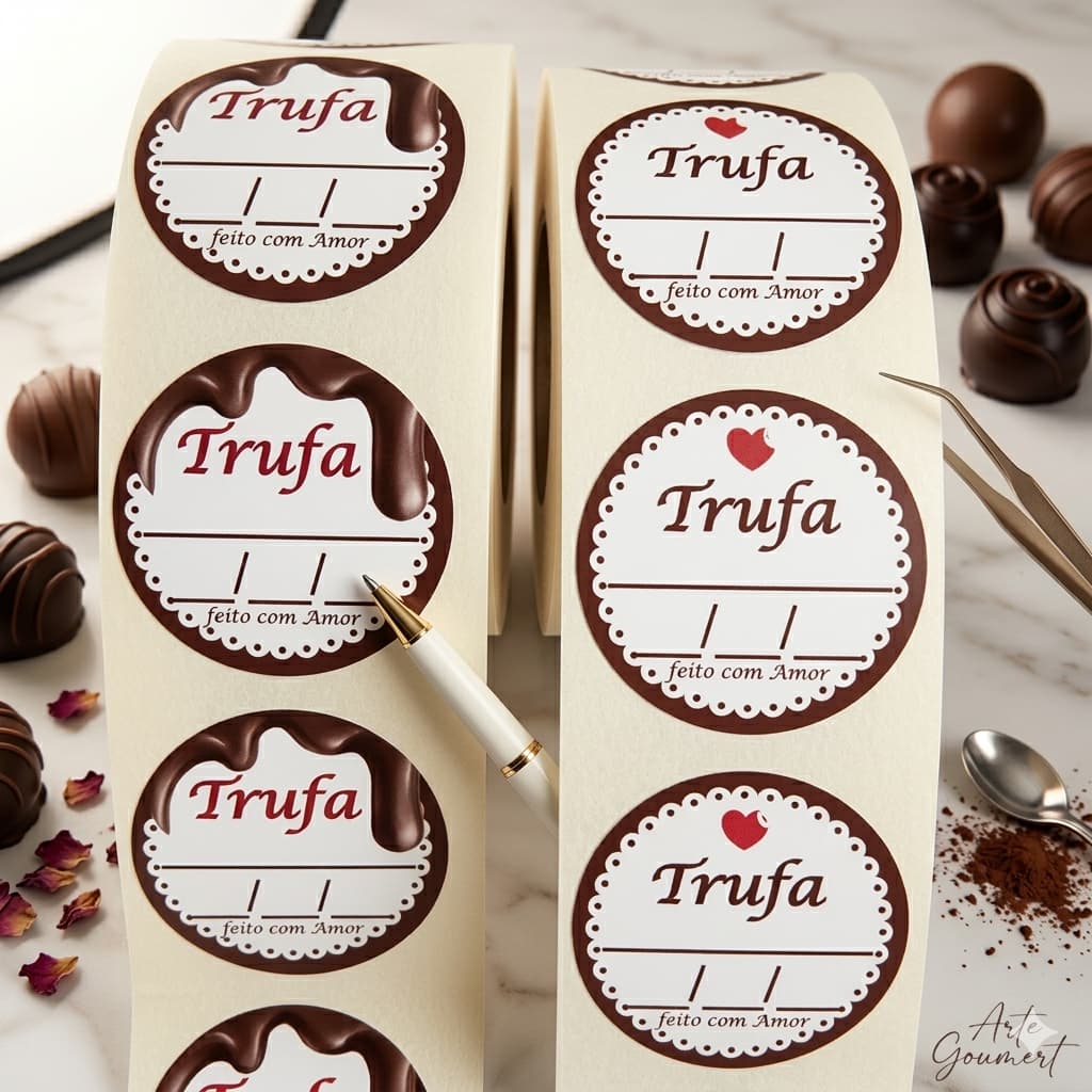 500un Etiquetas Trufas Bombons Adesivas 3x3cm Feito Com Amor Sabor Validade Rolo Pronta Entrega