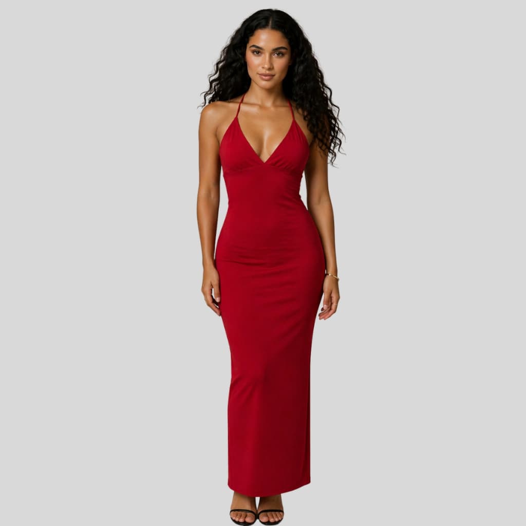 Vestido Longo Feminino Efeito Silicone Amarração Costas Nuas Modelador Elegante