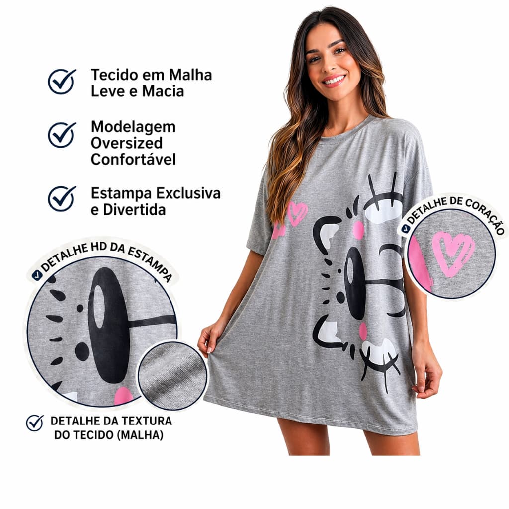 Camisola Camisetão Feminina Verão Estampa de Gatinho Camisetão Confortável e Leve para Noites de Sono