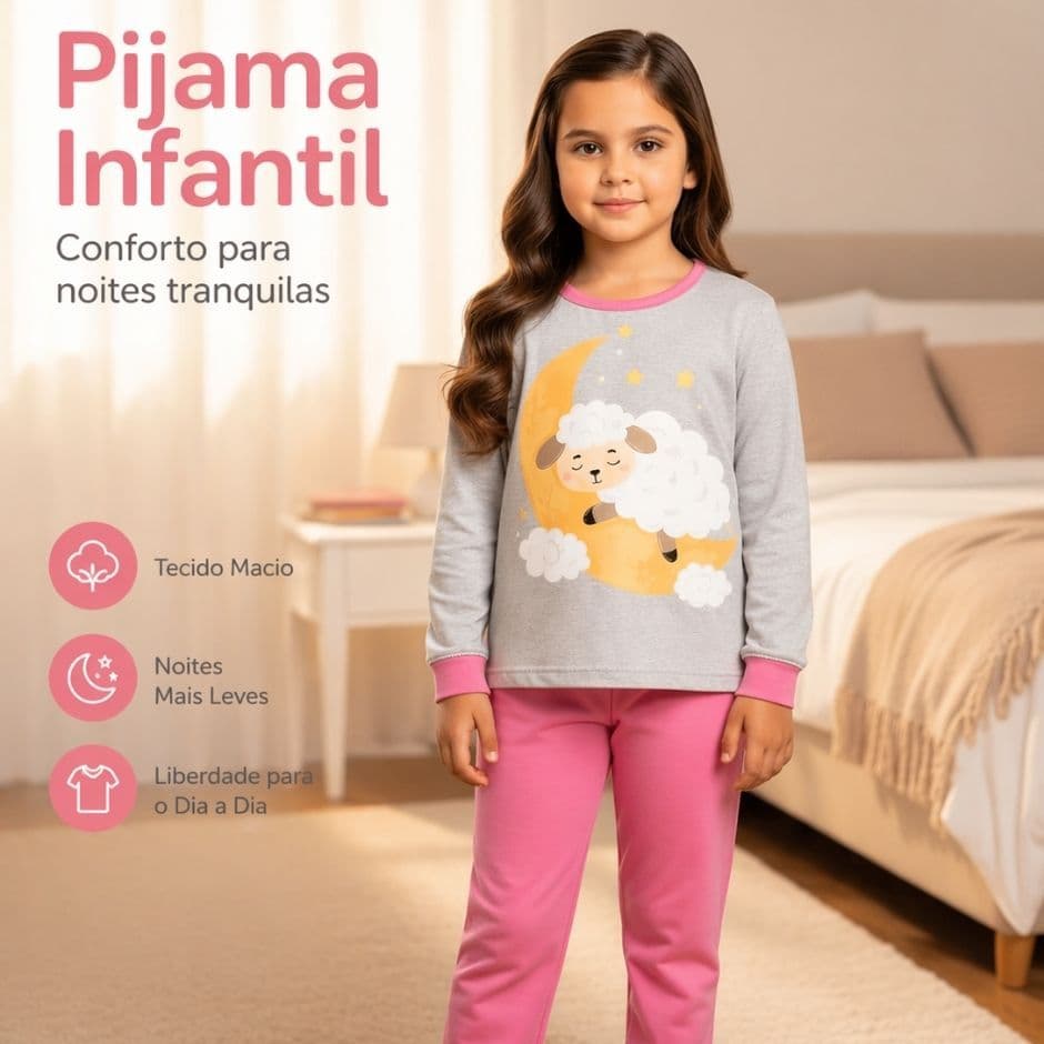 Conjunto Pijama Infantil Inverno Menina 100% Algodão Comprido Roupa Dormir Juvenil 1 ao 14 Anos