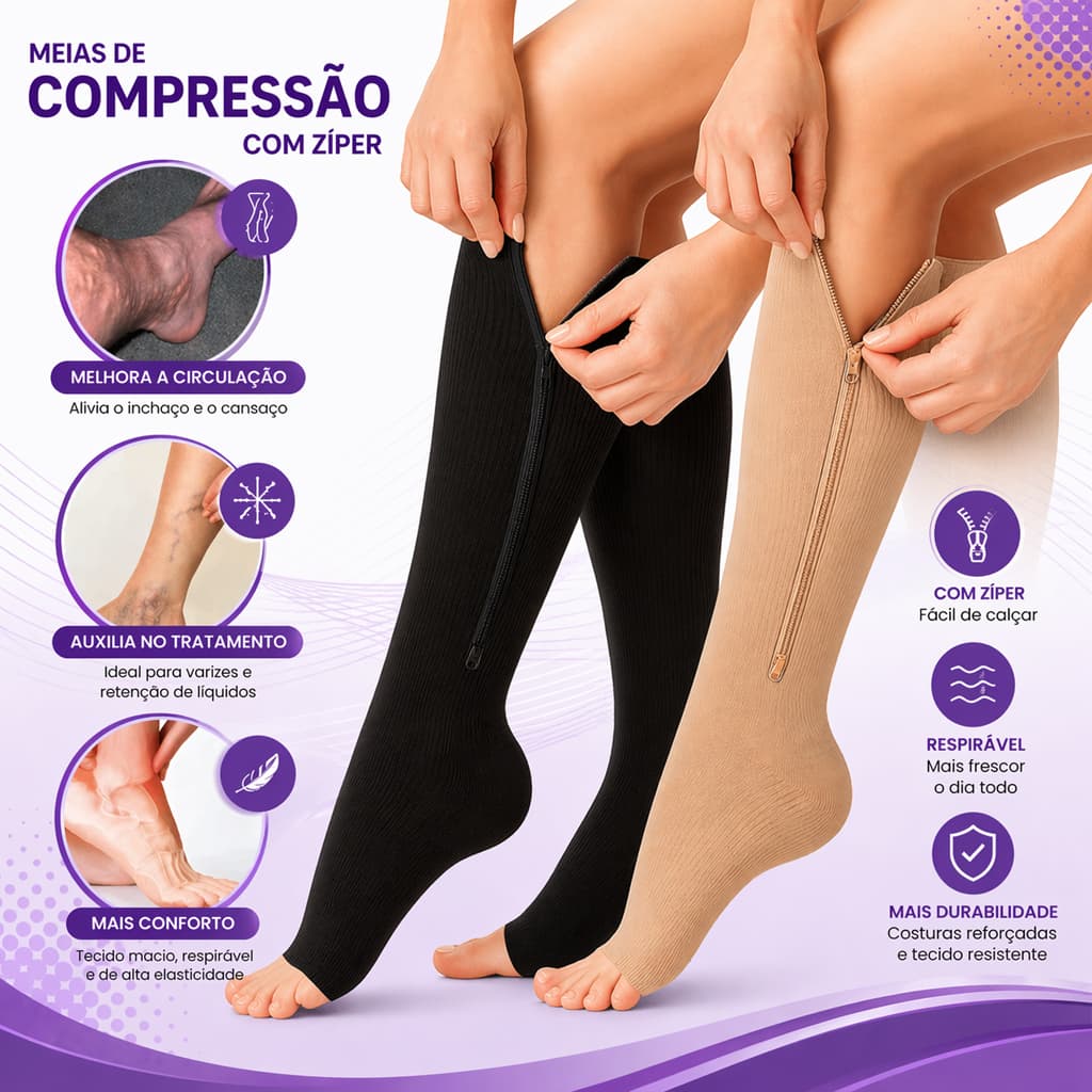 Par Meia Compressão 3/4 Com Zíper Ajustável Para Varizes Dores Inchaço Pernas Cansadas