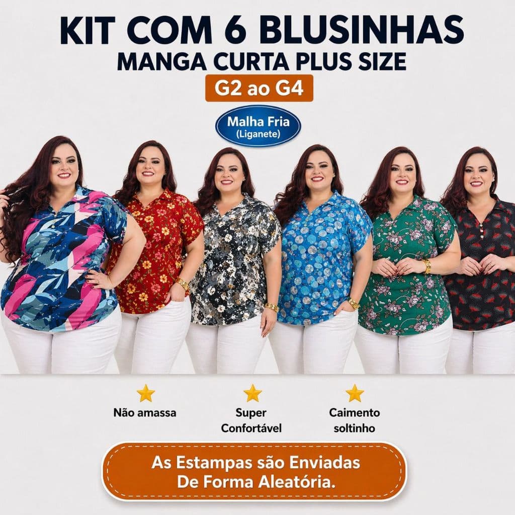 Kit 6 Blusas Polo Feminina Plus Size G2 ao G4 Estampada Malha Fria Leve Fresca Moda Plus Size Oferta Atacado