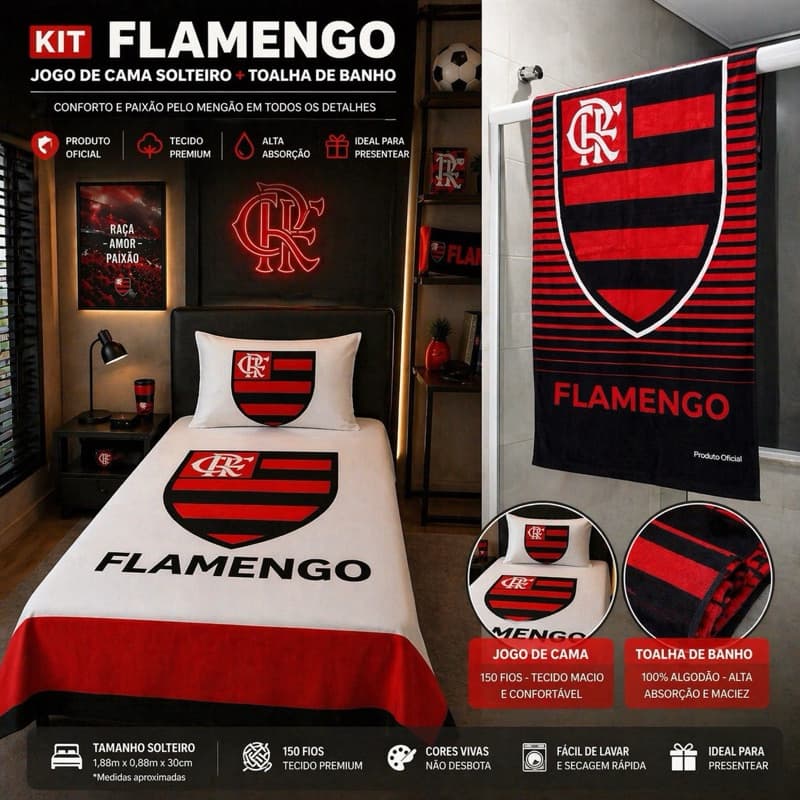 Kit Jogo de Cama Solteiro + Toalha de Banho Time de Futebol | 150 Fios Macio Premium | Toalha 100% Algodão
