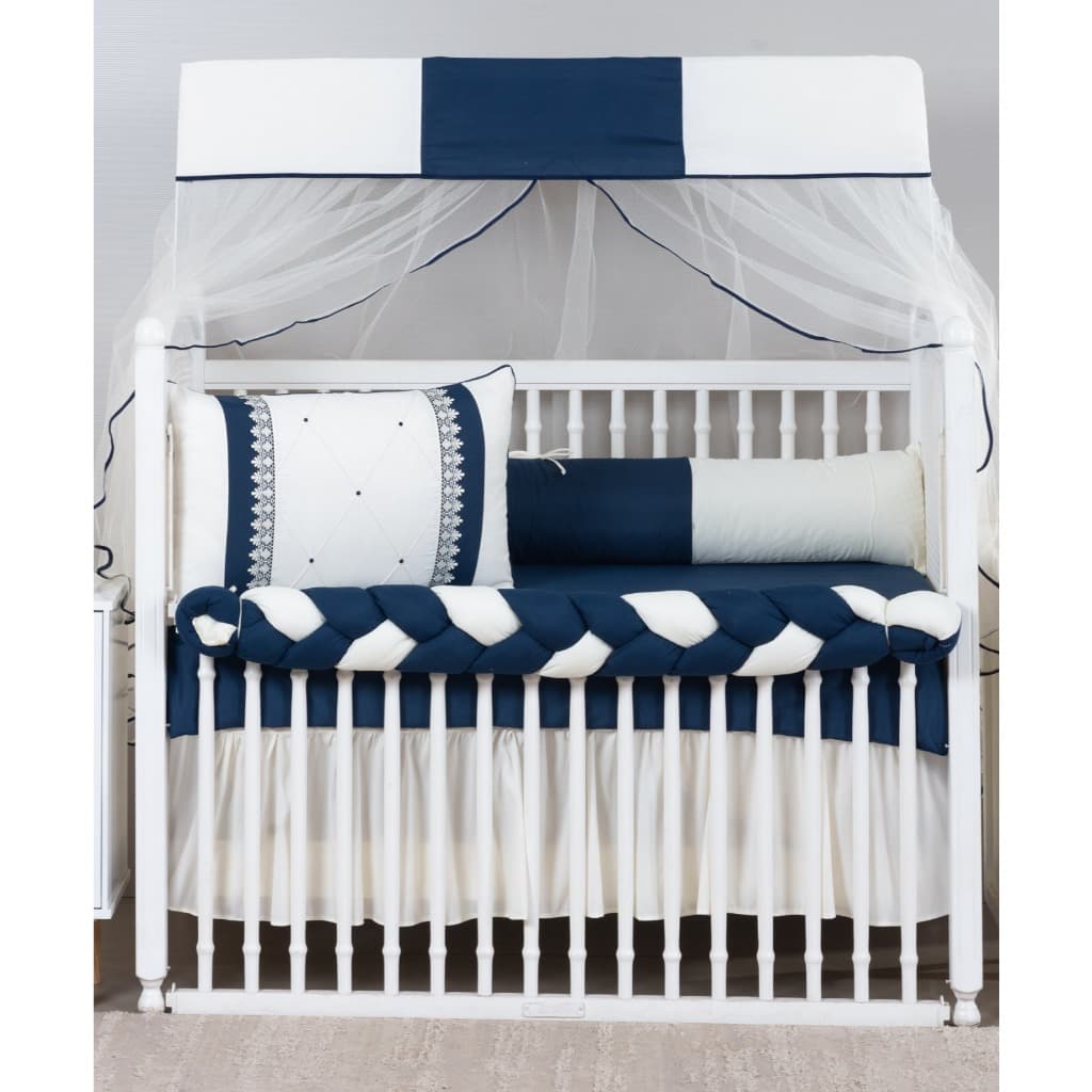 Kit Berço 9 Pçs -Enxoval Completo com Protetor Trançado ,Almofada Decorativa e Mosquiteiro MENINO