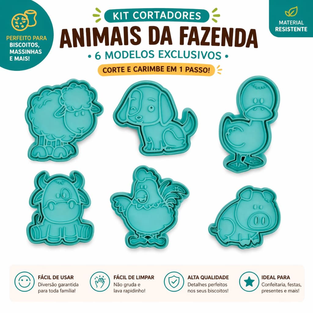 Kit Cortadores de Biscoito Animais da Fazenda 3D | Molde para Massa, Bolacha e Confeitaria | Fácil Uso e Limpeza