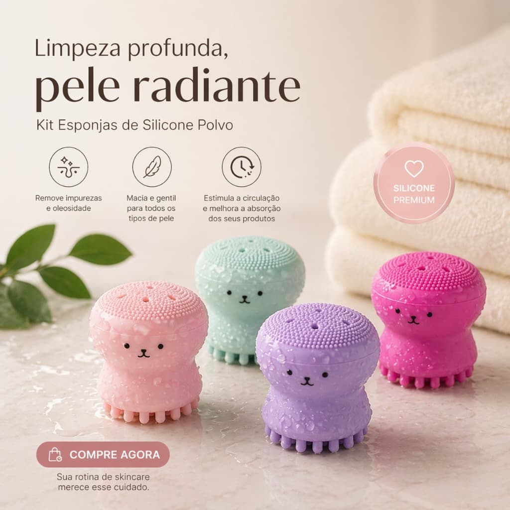 Escova de silicone em formato de polvo para limpeza e massagem do rosto