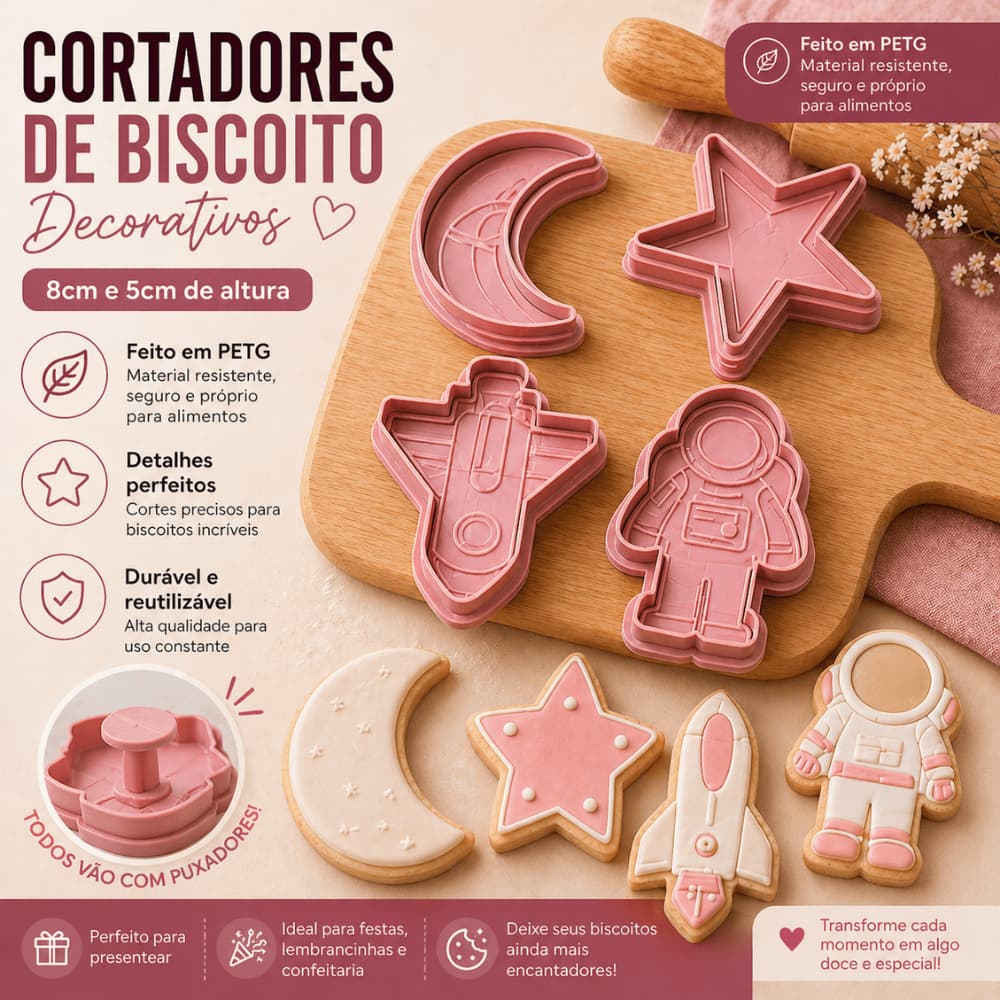 Kit 4 Cortadores Espaço Astronauta Planetas com Puxador Biscoito Pasta Americana Biscuit