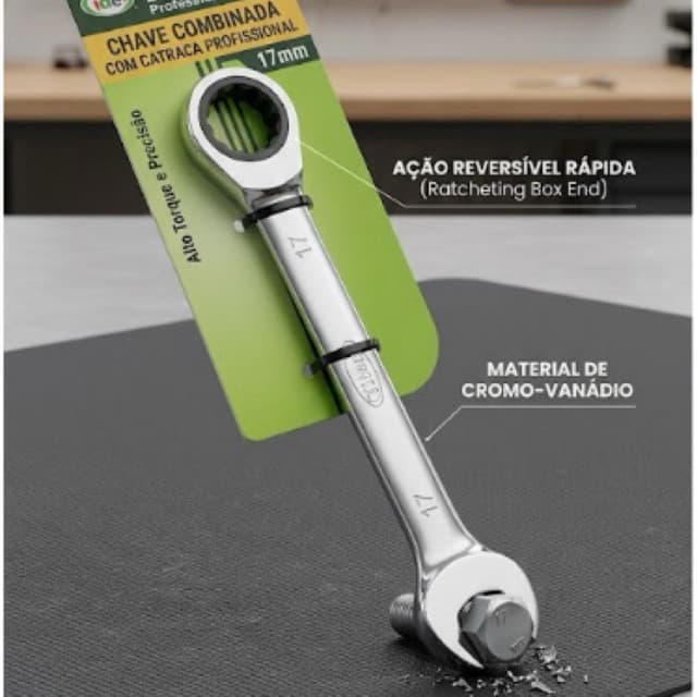 Chave Combinada com Catraca 17mm Profissional Aço Resistente Reversível