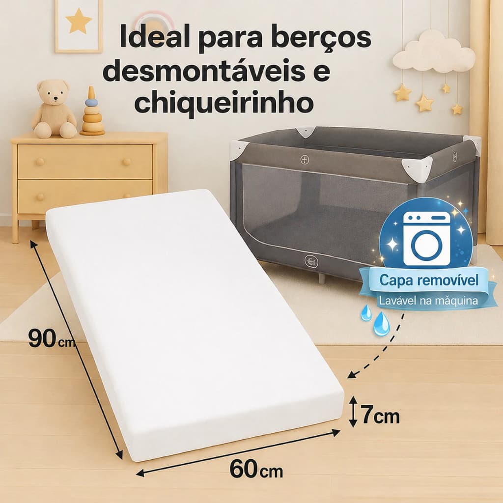 Colchão Para Berço Desmontável Chiqueirinho Cercadinho Capa Removível 90x60x07cm Macio