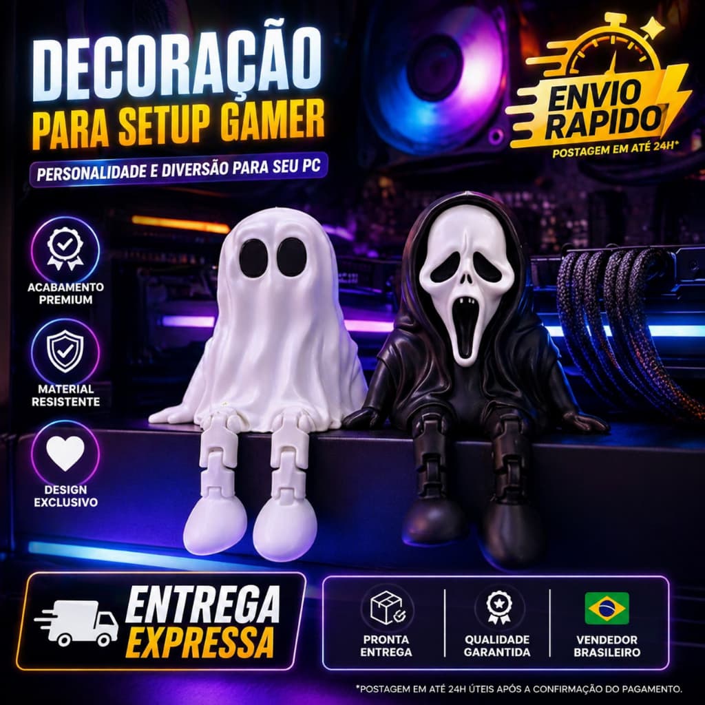 Decoração Setup Gamer Fantasminha e Ghostface Bonecos Geek Quarto PC Gamer