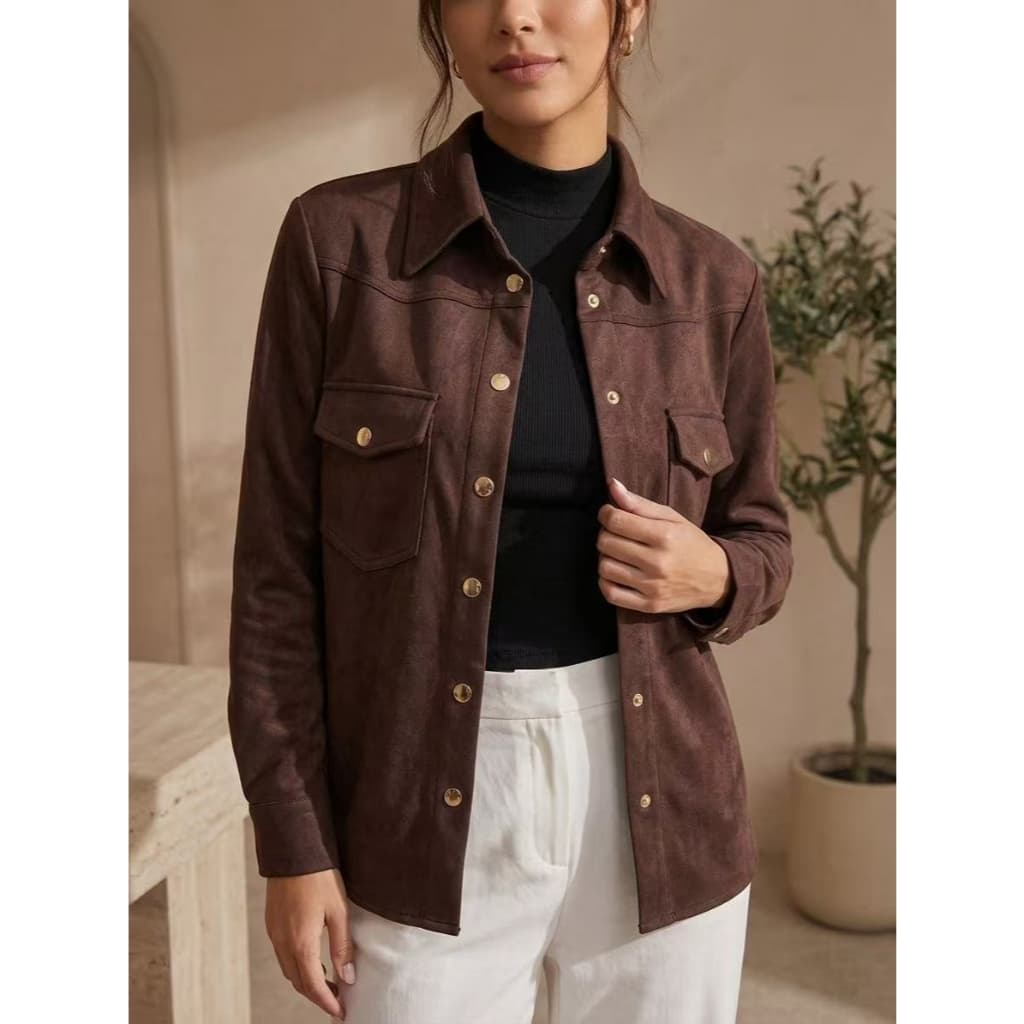 Blusa Camisa em Suede Premium Marrom Estilo Elegante Botões Dourados,  Estilo Chic Tendência Inverno Com elastano 36-44