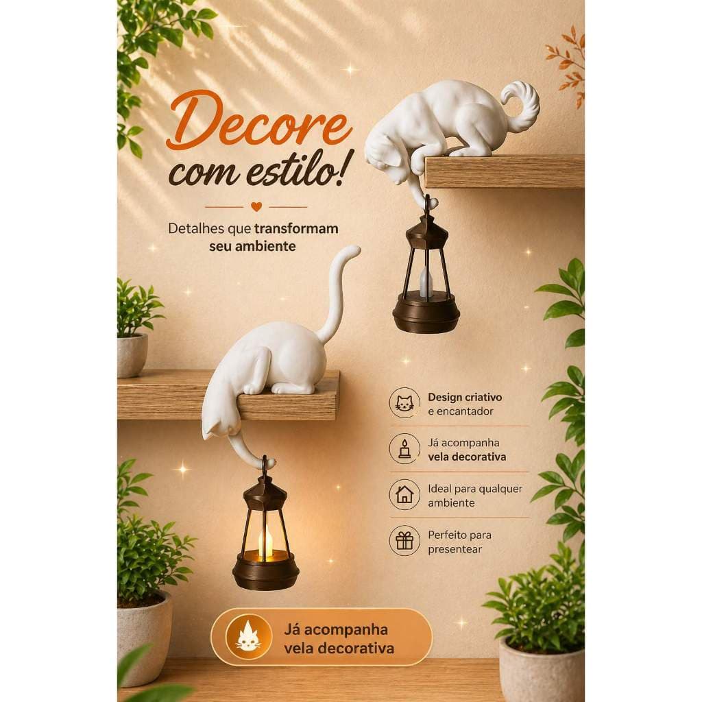 Luminária Gato ou Cachorro Curioso com Lanterna LED – Decoração Criativa para Quarto Sala Casa