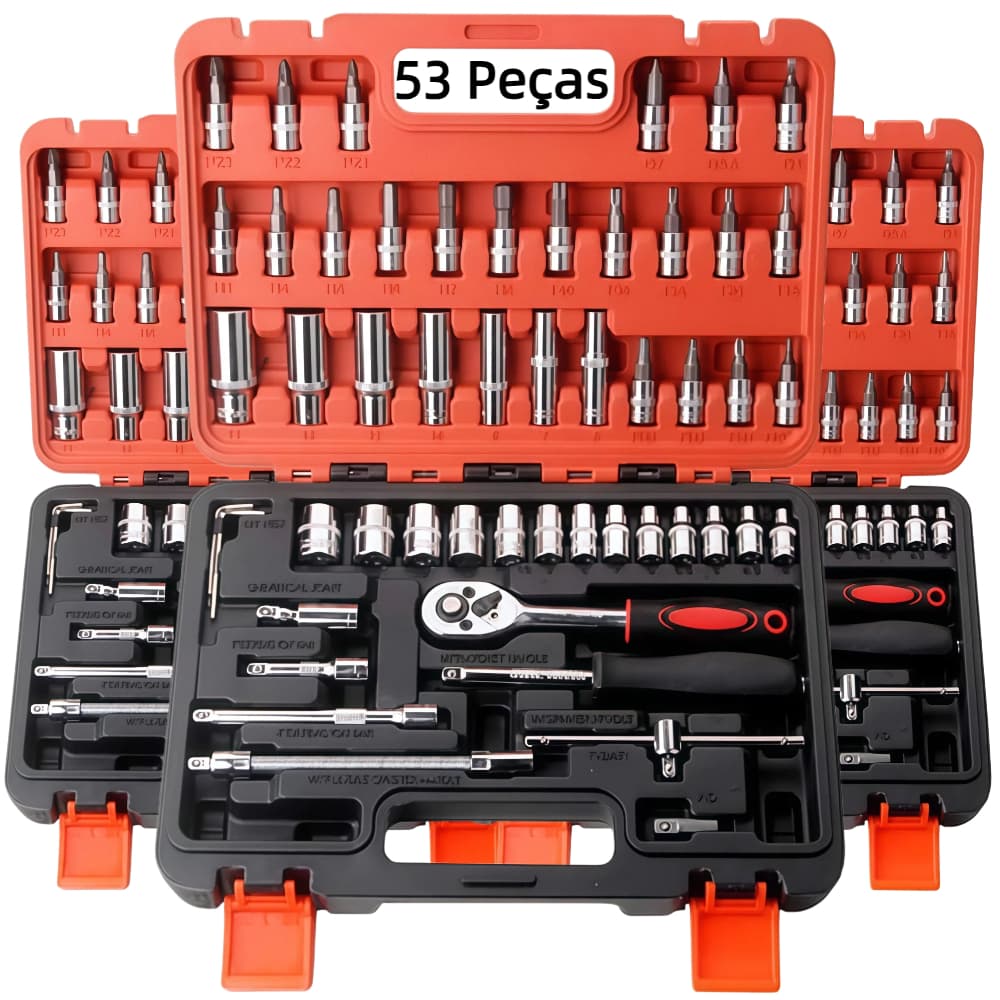 Kit 53 Peças Soquete 1/4" Profissional  Jogo Catraca e Chave Allen com Maleta - Para Reparo Automotivo