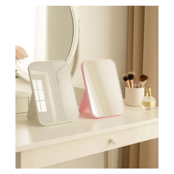 Mini Espelho Para Maquiagem rosa branco de mesa com suporte dobrável