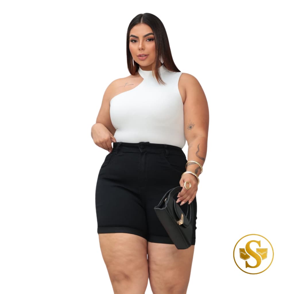 Bermuda Jeans Plus Size Meia Coxa Lycra Cintura Alta Modela o Corpo Veste Bem Oferta 46-54 Preto