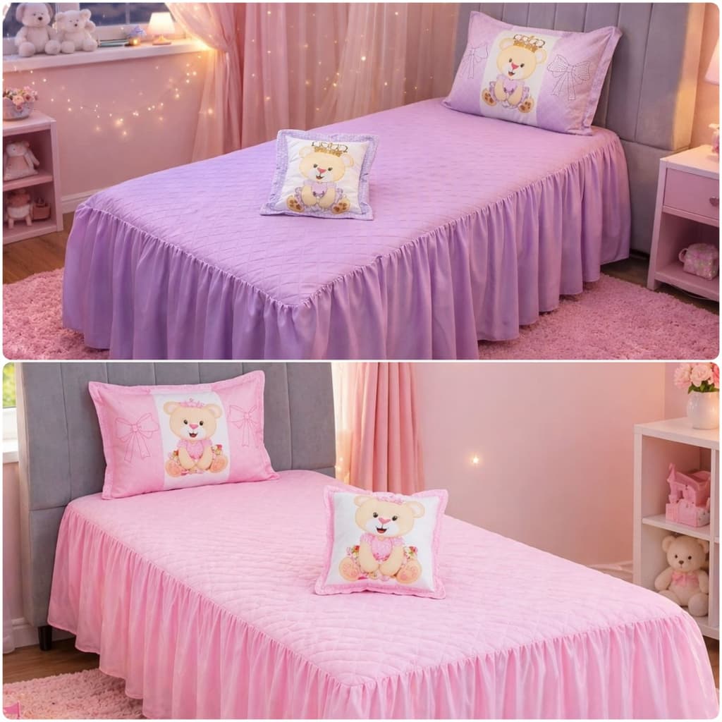 SOLTEIRO Cobre Leito Infantil PRINCESA URSA 03 Peças - Colcha com Babado Premium Luxuosa Toque Mácio