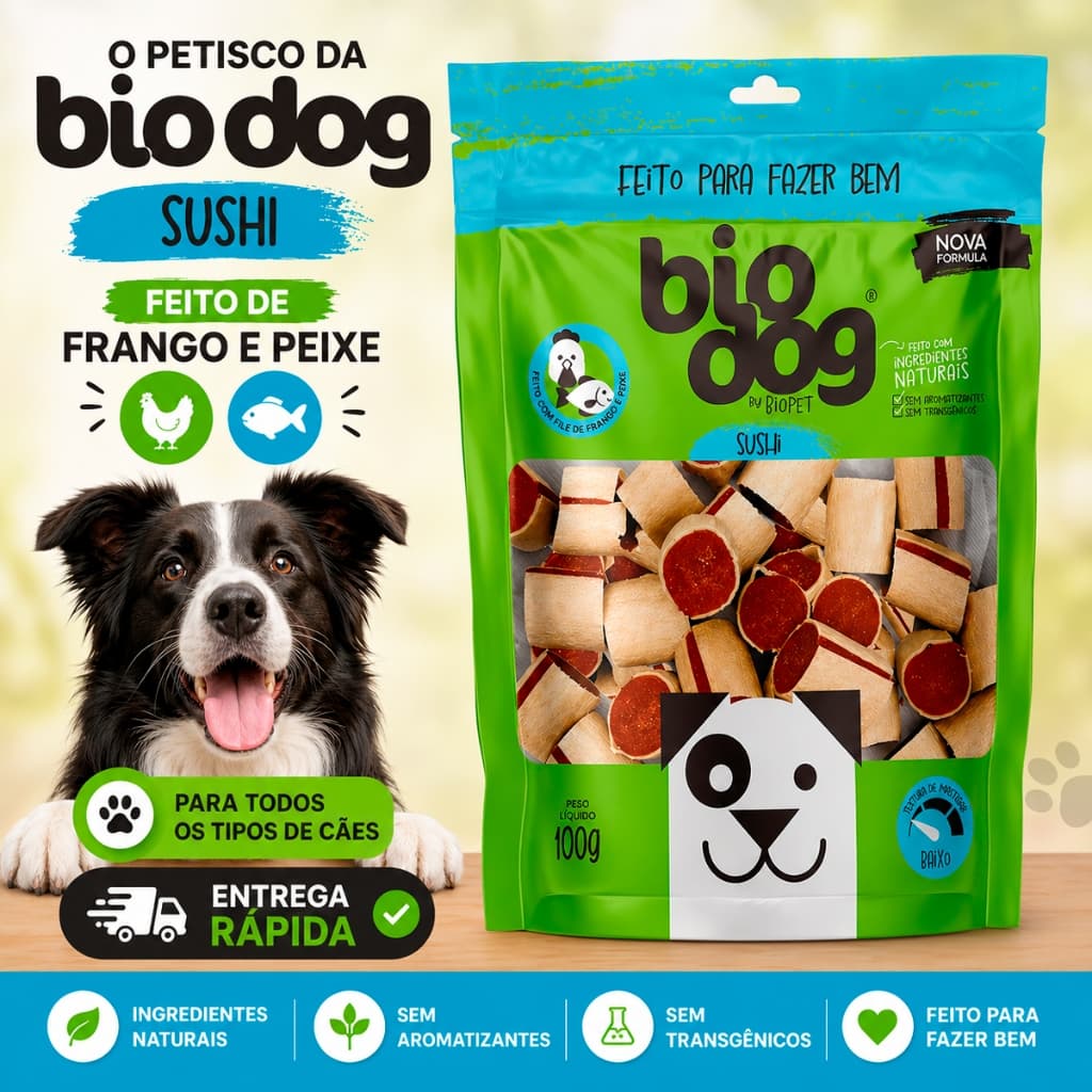 Petisco Mordedor Cães Bifinho Biodog Biscoito Gourmet Sushi 100g