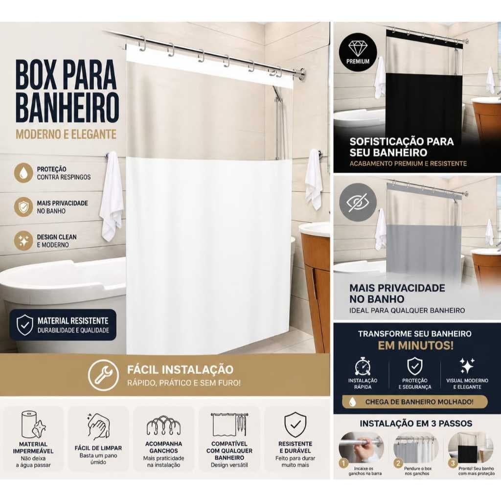 Cortina Para Box com Visor Transparente 1,35x2m Vinil Impermeável Banheiro 3 Cores