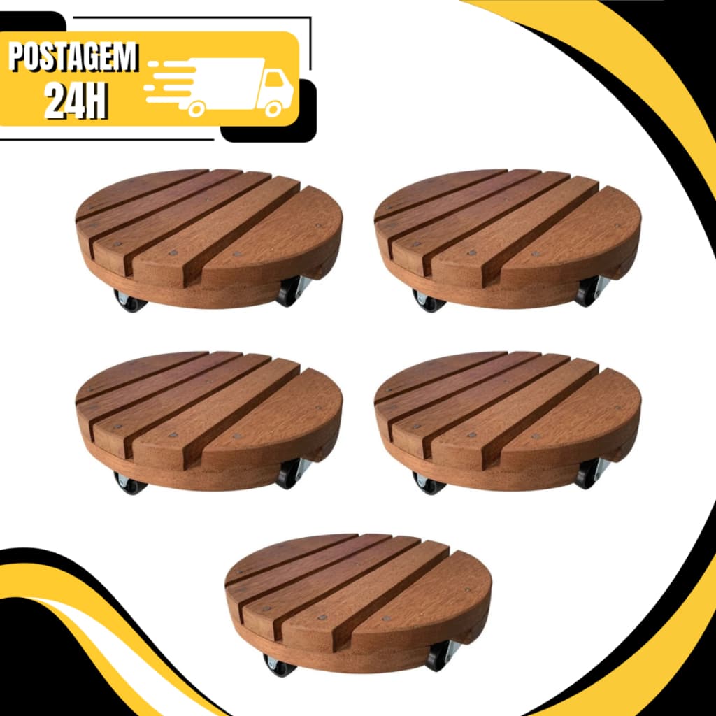 Kit 05 Suporte Para Vaso De Planta Rodízio Com Rodinhas Roda De Silicone Redondo 20cm 25cm 30cm
