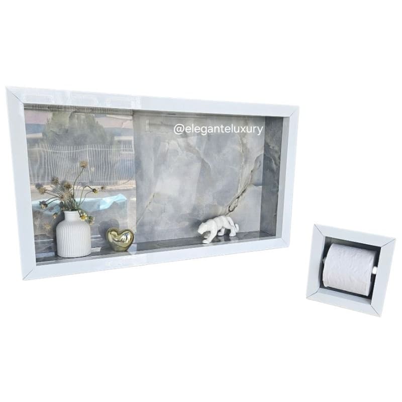 PORTA SHAMPOO 60X30 PORCELANATO + PAPELEIRO AZUL BORDA B. PRONTA ENTREGA.