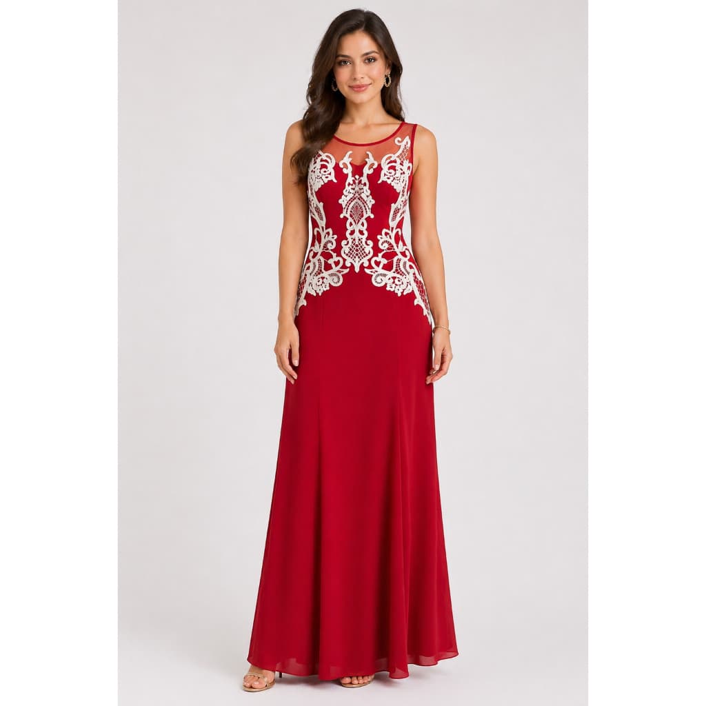 Vestido Longo Vermelho Festa Crepe com Tule e Guipir Elegante Formatura Madrinha Tamanho P Feminino-