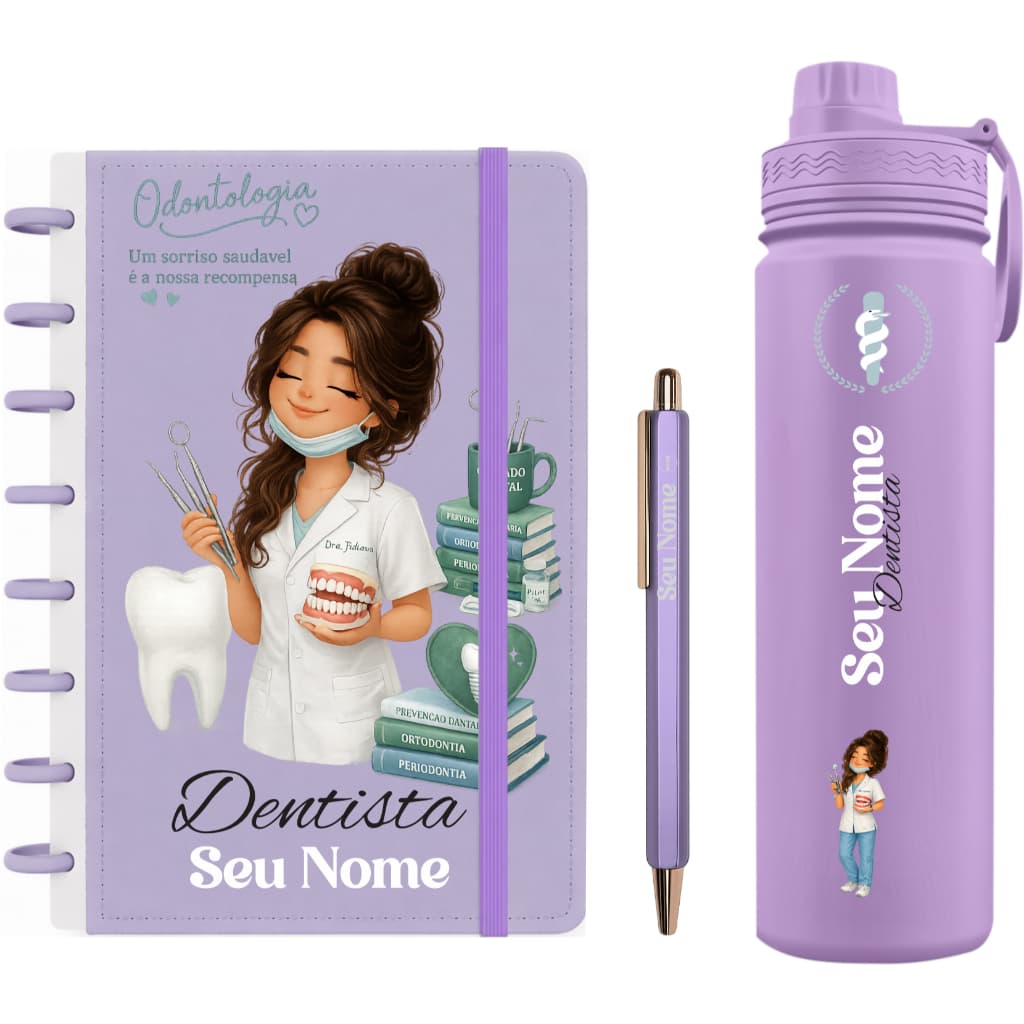 Kit Personalizados Caderno de Discos + Garrafa Fresh Térmica 550ml/600ml/800ml/1 L + Caneta - Kit Odontologia-Cristal