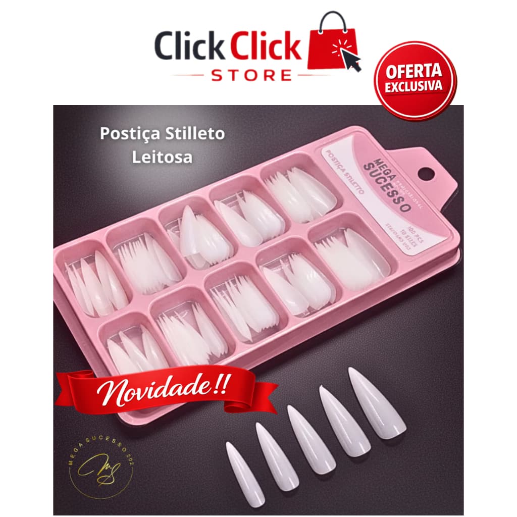 Unhas Postiças 100 Tips Vamps Extrema e Stiletto Transparente/Leitosa - Alongamento Profissional