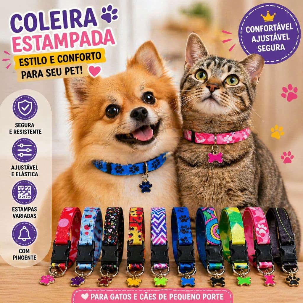 Coleira para Cães e Gatos Estampada em Seda Ajustável com Pingente – Conforto e Estilo para seu Pet