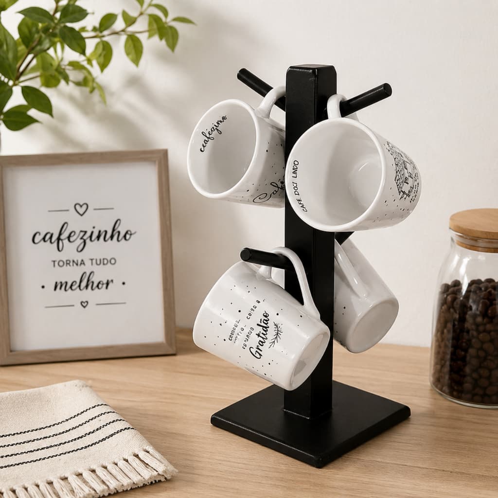 Jogo de Xicaras para Cafe com Suporte Porta Xicaras Madeira Decoração Cozinha