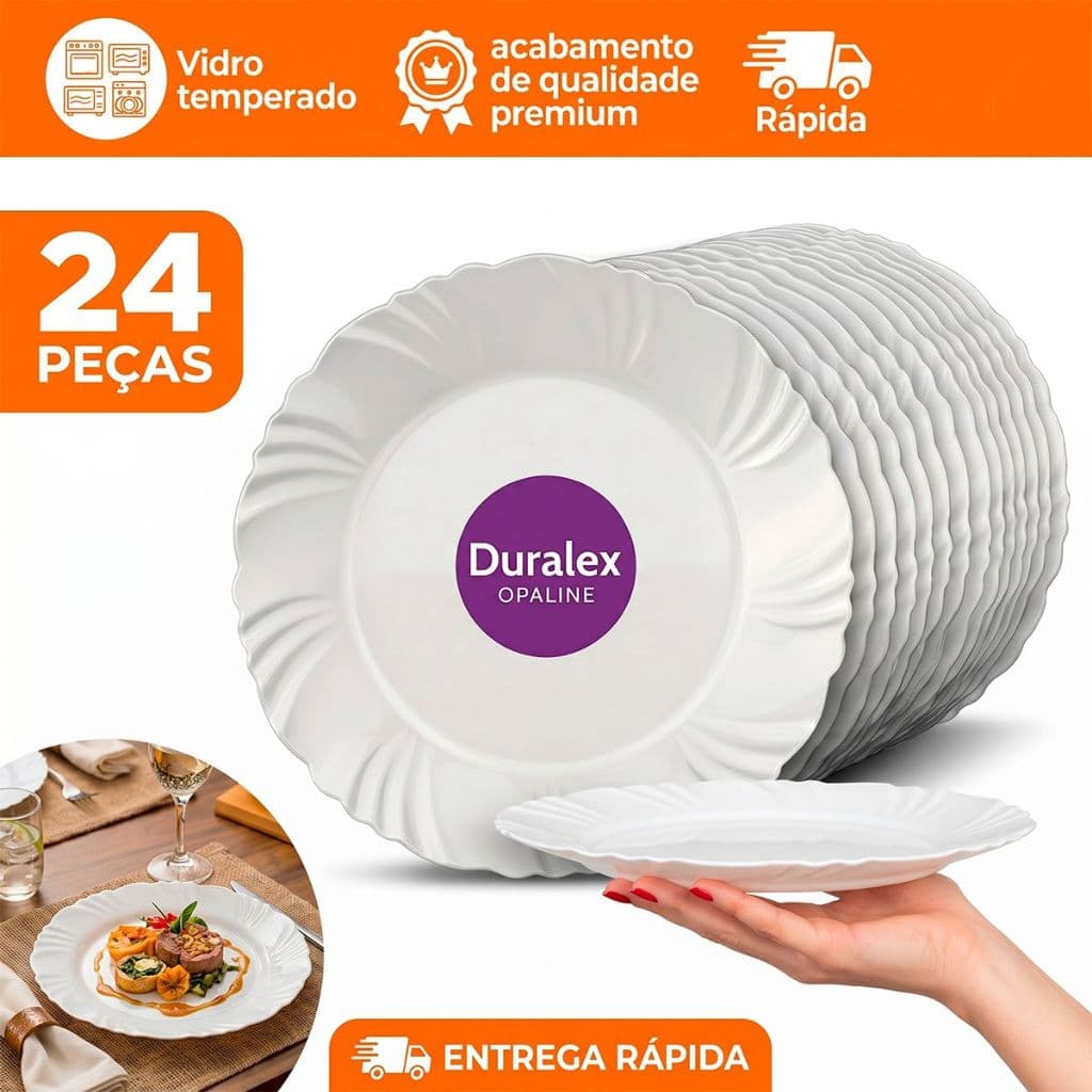 Kit jogo 24 Pratos Duralex Opaline Pétala Raso 25,5Cm Vidro Brilhante Anti Risco Vai ao Micro Ondas
