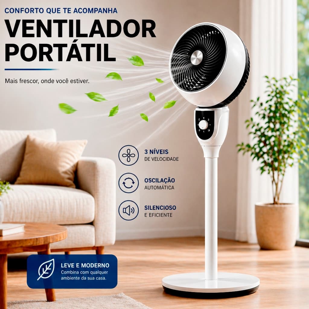 Ventilador De Coluna Pedestal Elétrico Ajuste De Altura Vento Forte 3 Velocidades Silencioso