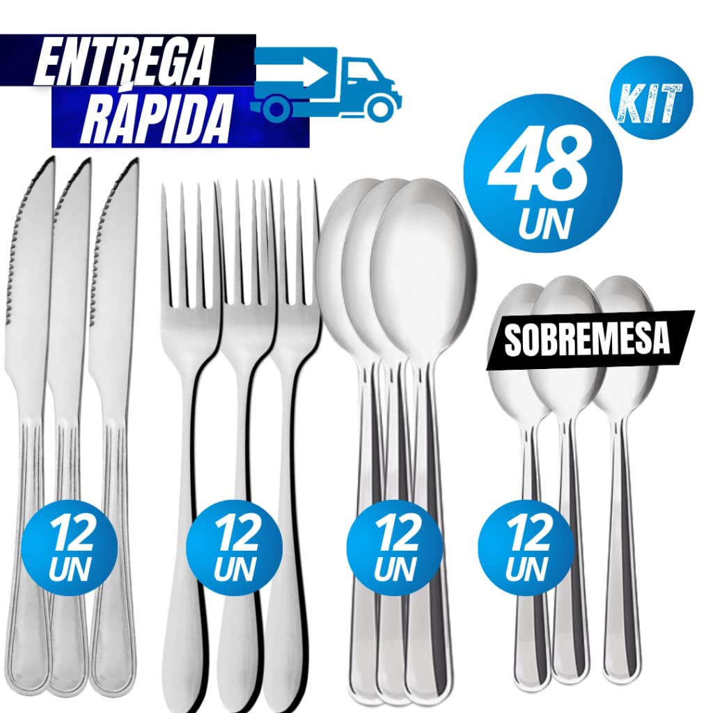 Kit 48/24  Talheres 100% Inox Garfo Faca Colher  + Colher Sobremesa Cozinha Restaurante  Qualidade Linha Premium