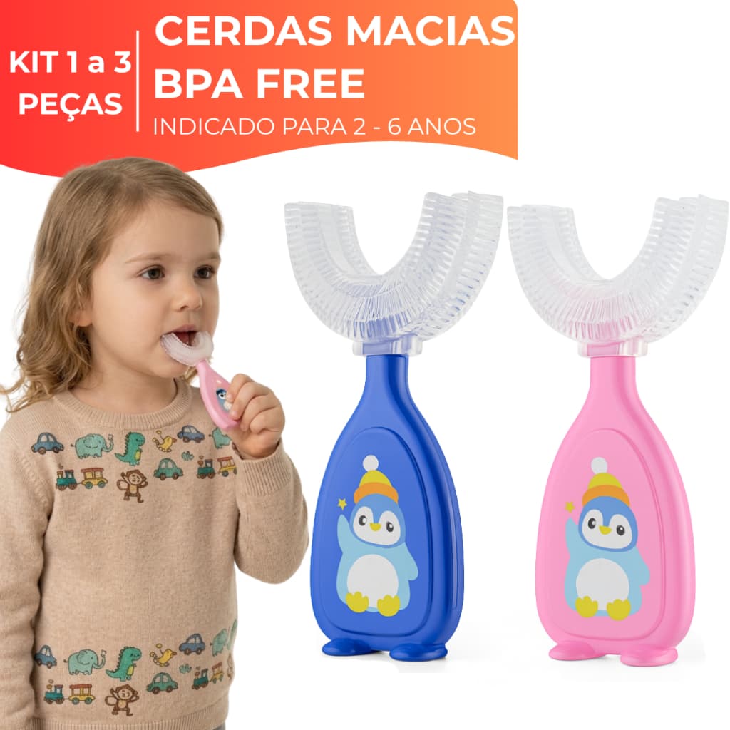 Kit 1 a 3 Escovas Dental Infantil Formato U 360° Silicone Cerdas Macias Bebê Criança Higiene Oral