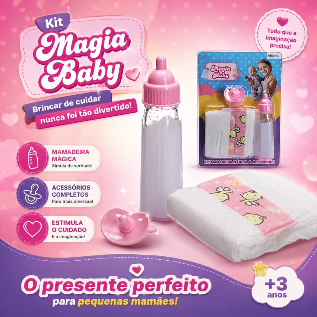 Kit Mamadeira Mágica com Leite Artificial Chupeta e Fralda Brinquedo