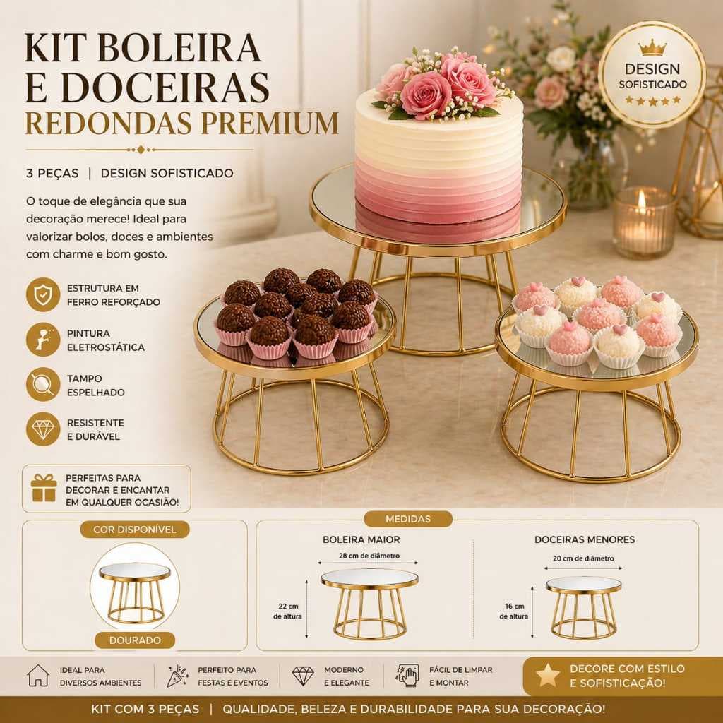 Kit Festa 3 Peças Boleira e Doceira Deluxe Premium Decoração