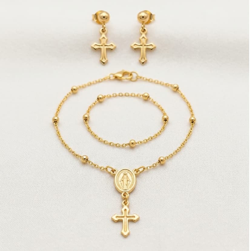 Conjunto de Brinco com Pulseira Religioso Infantil Nossa Senhora Semi-Joia Folheado Delicado
