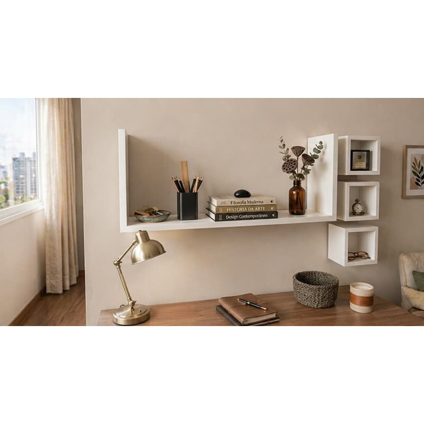 Kit Nicho U Parede MDF Branco 60x20x20 com + 3 Nichos 10x10