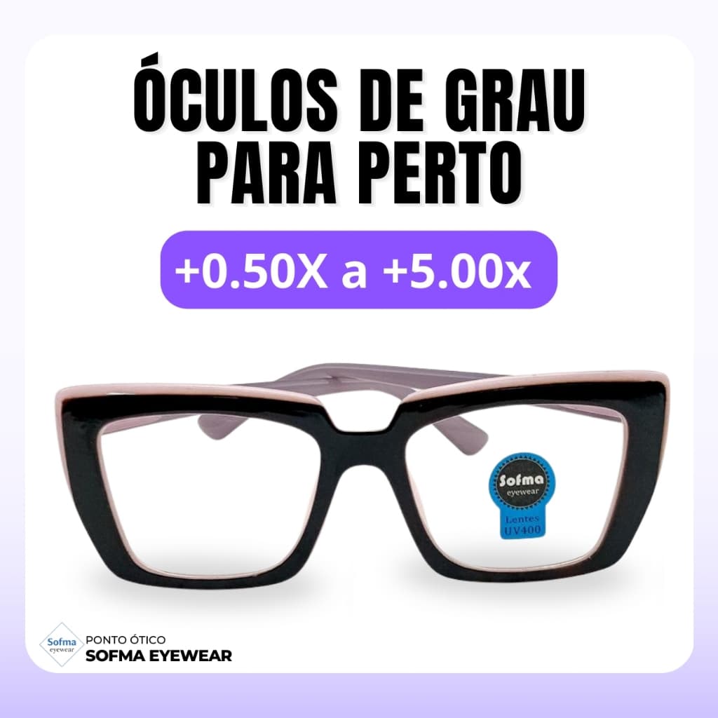 Óculos Quadrado Marília Grau +0,50 a +5,00 Feminino Leitura Hipermetropia Rosa com Preto