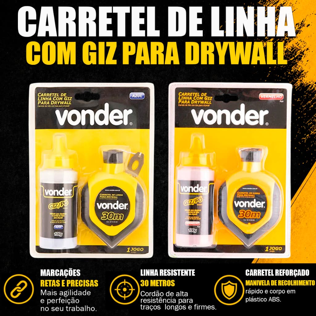 Linha de Giz para Drywall 30 Metros com Refil – Escolha sua Cor: Azul ou Vermelha Profissional