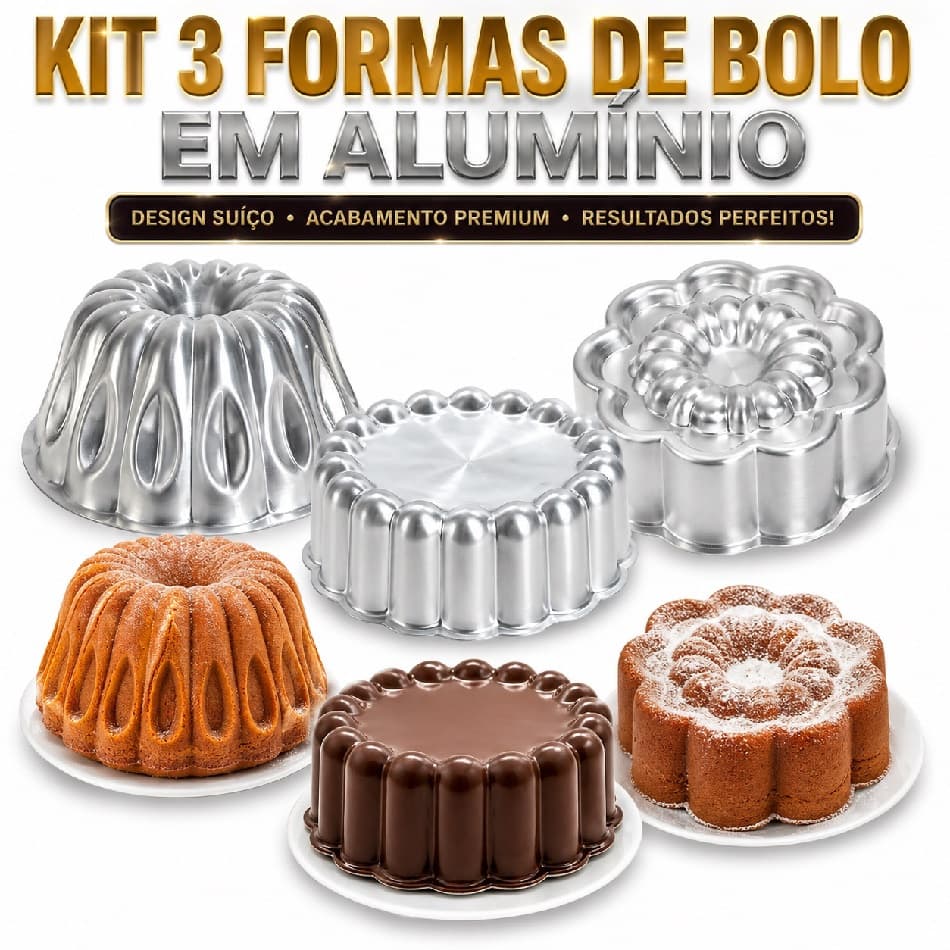 Kit 3 Formas Bolo Alumínio Profissional Formas Bolo Vulcão, Flor Margarida e Charlotte Não Gruda