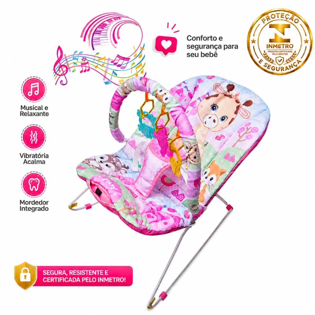Cadeira de Descanso para Bebê Musical Vibratória 2 em 1 Bouncer Móbile Mordedor até 11kg Gigi Girafa