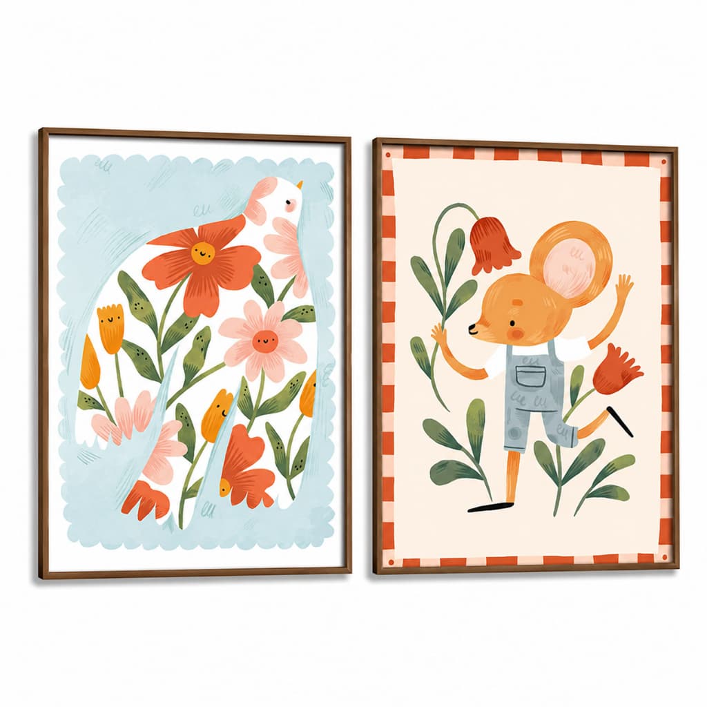 Kit 2 Quadros Decorativos Infantil | Quarto Bebê Menina | Flores, Floral, Jardim, Passaro - No48