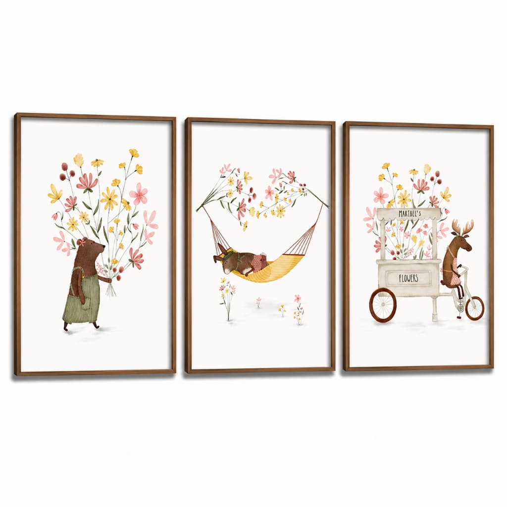 Kit 3 Quadros Decorativos Infantil | Quarto Bebê Menina | Aquarela, Flores, Jardim, Delicado - No168