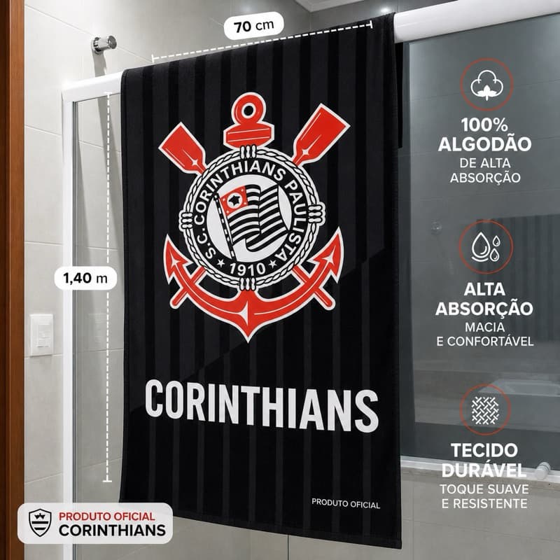 Toalha de Banho Corinthians Oficial 70x140cm | Toalha Time Futebol 100% Poliéster Estampada Grande Torcedor